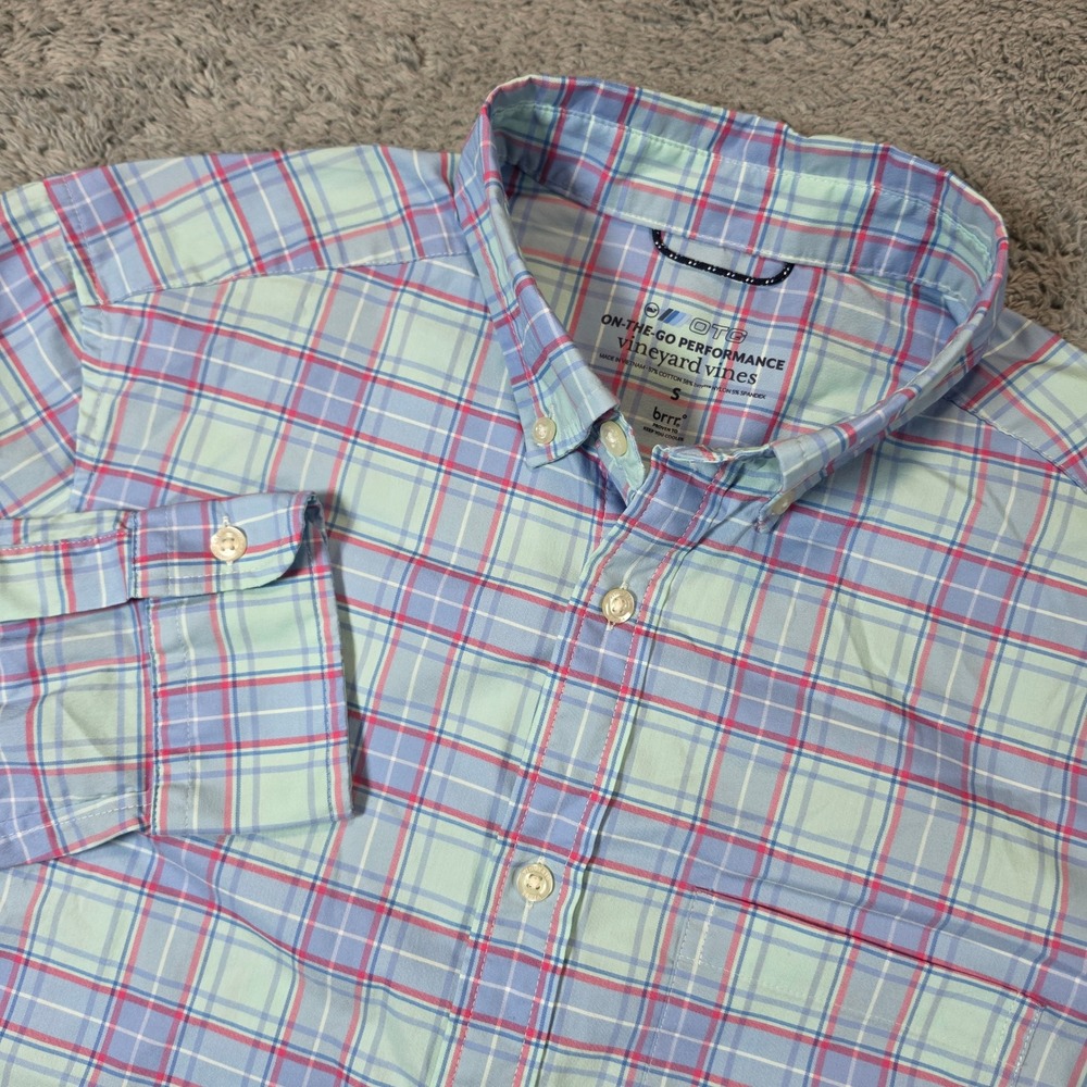 Vineyard Vines Performance Shirt Mens S Blue Plaid OTG brrr Cooling Button Down - Picture 3 of 9